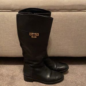 Tory Burch Black Heeled Boots with Gold Logo